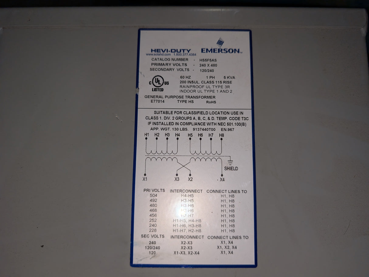 Emerson - 5 kVA Heavy Duty Automation Transformer - HS5F5AS - Used - Big Liquidators