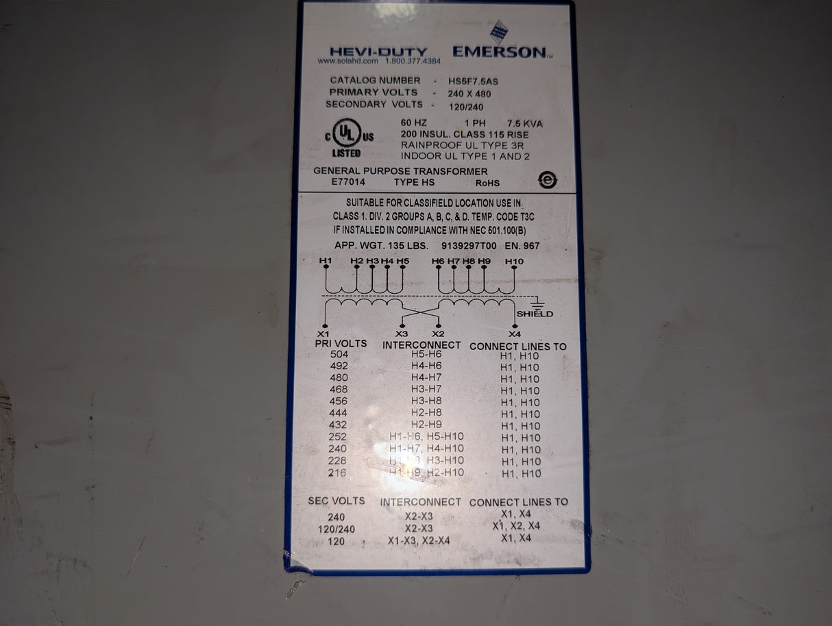 Emerson - 7.5 kVA Heavy Duty Automation Transformer - HS5F7.5AS - Used - Big Liquidators