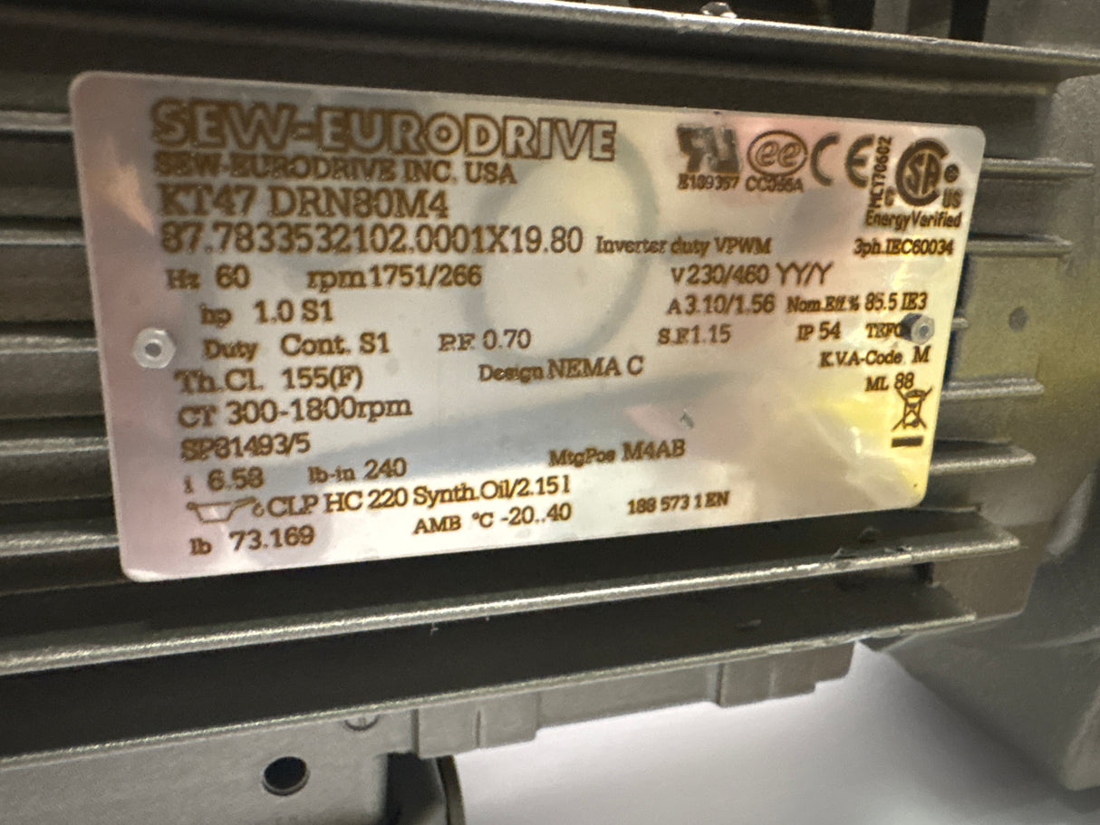 Sew - Eurodrive - 1 HP Electric Motor - KT47 DRN80M4 - New - Big Liquidators