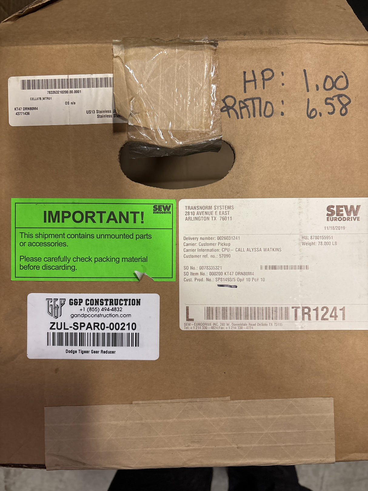 Sew - Eurodrive - 1 HP Electric Motor - KT47 DRN80M4 - New - Big Liquidators