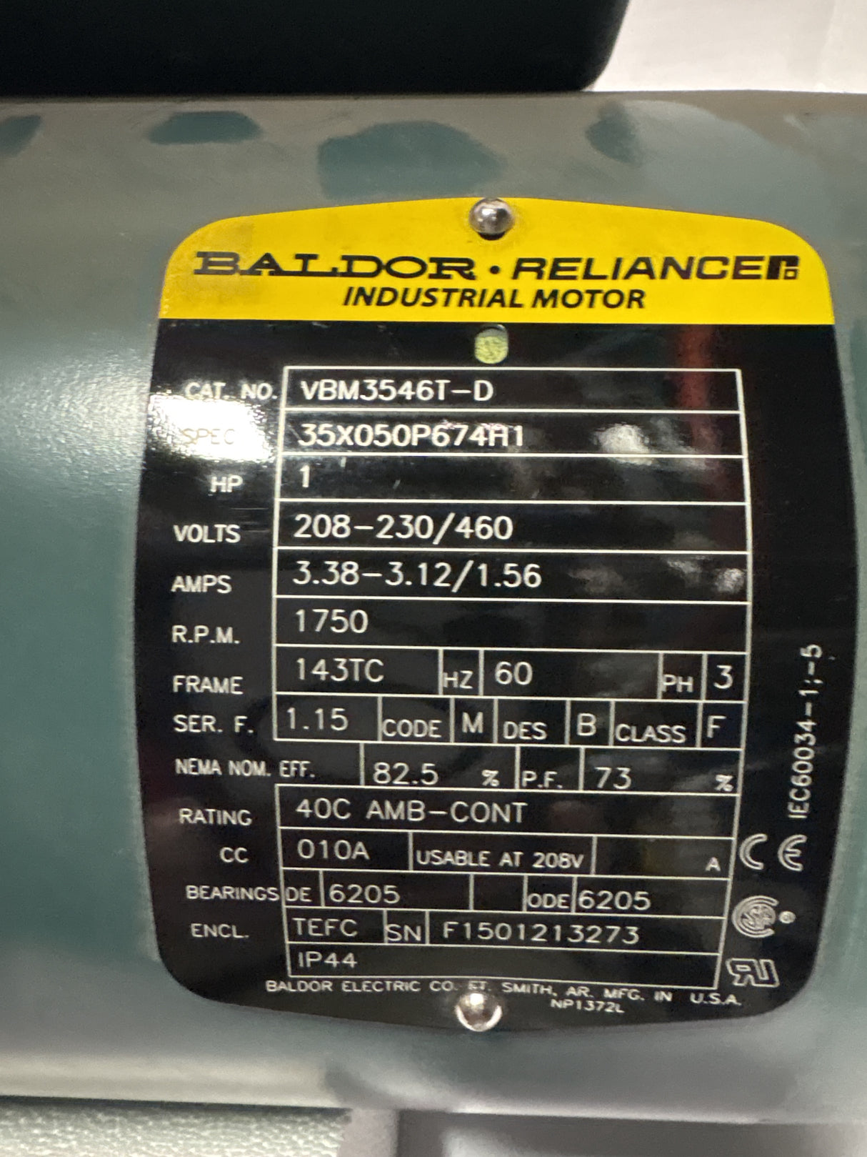 Baldor Reliance - 1 HP Electric Motor - VBM3546T - D - Used - Big Liquidators