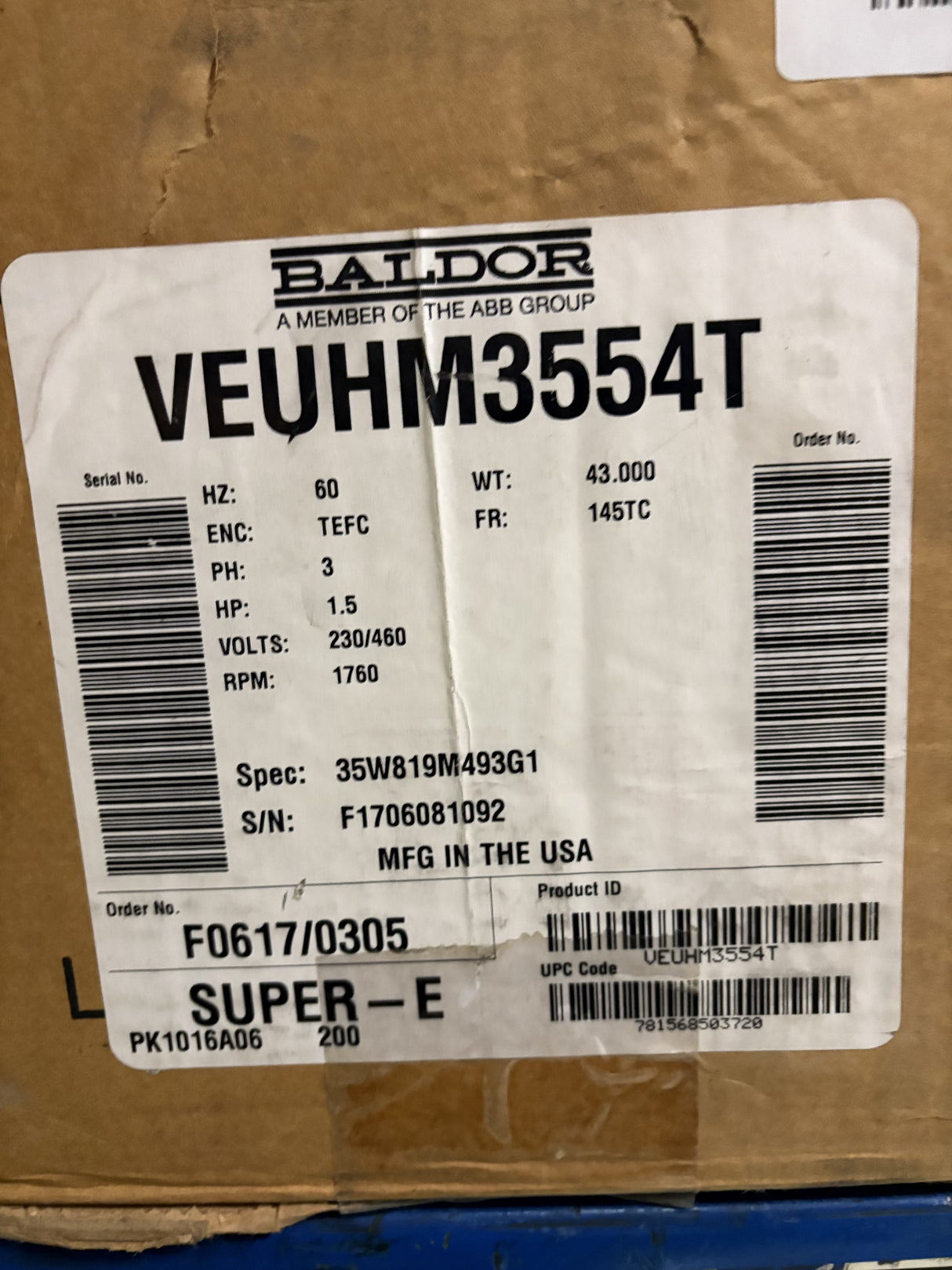 Baldor Reliance Motor - VEUHM3554T 1.5HP - New - Big Liquidators