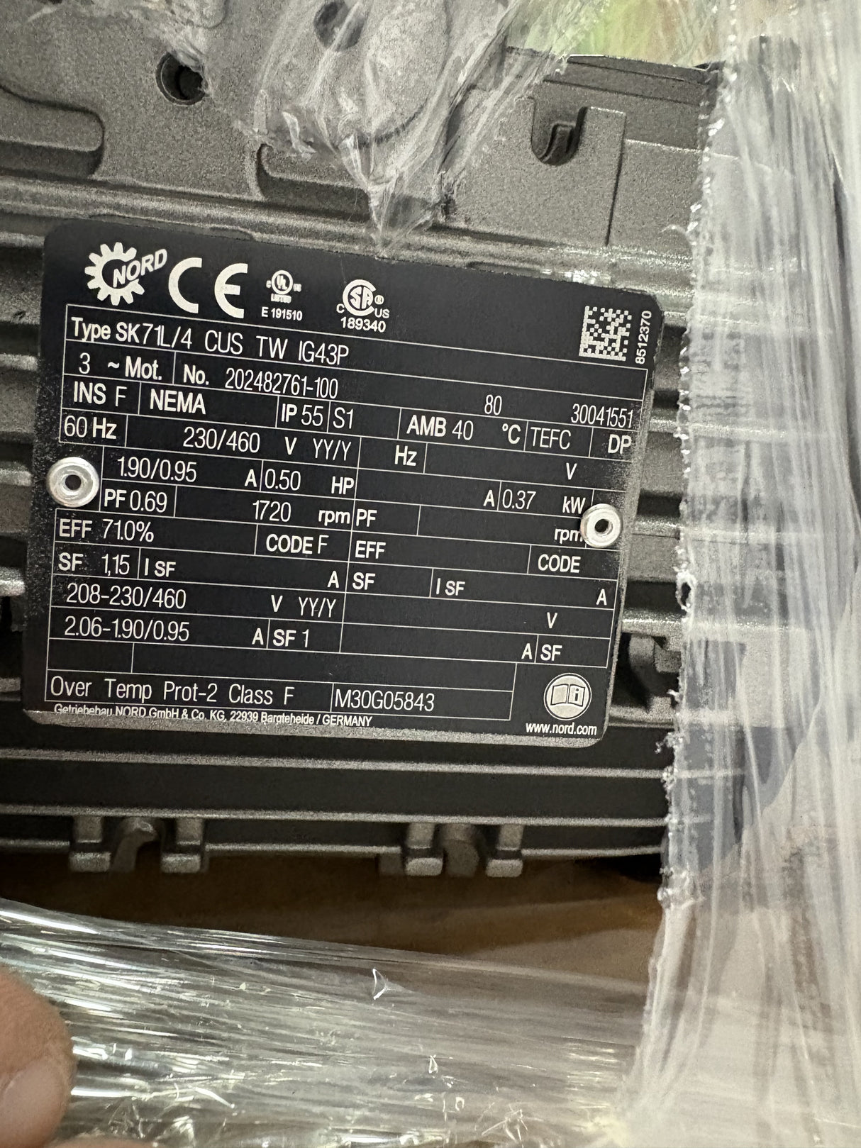 Nord Drive Systems - 0.5 HP Electric Motor - SK 02040AZB - 71L/4 CUS TW - New - Big Liquidators