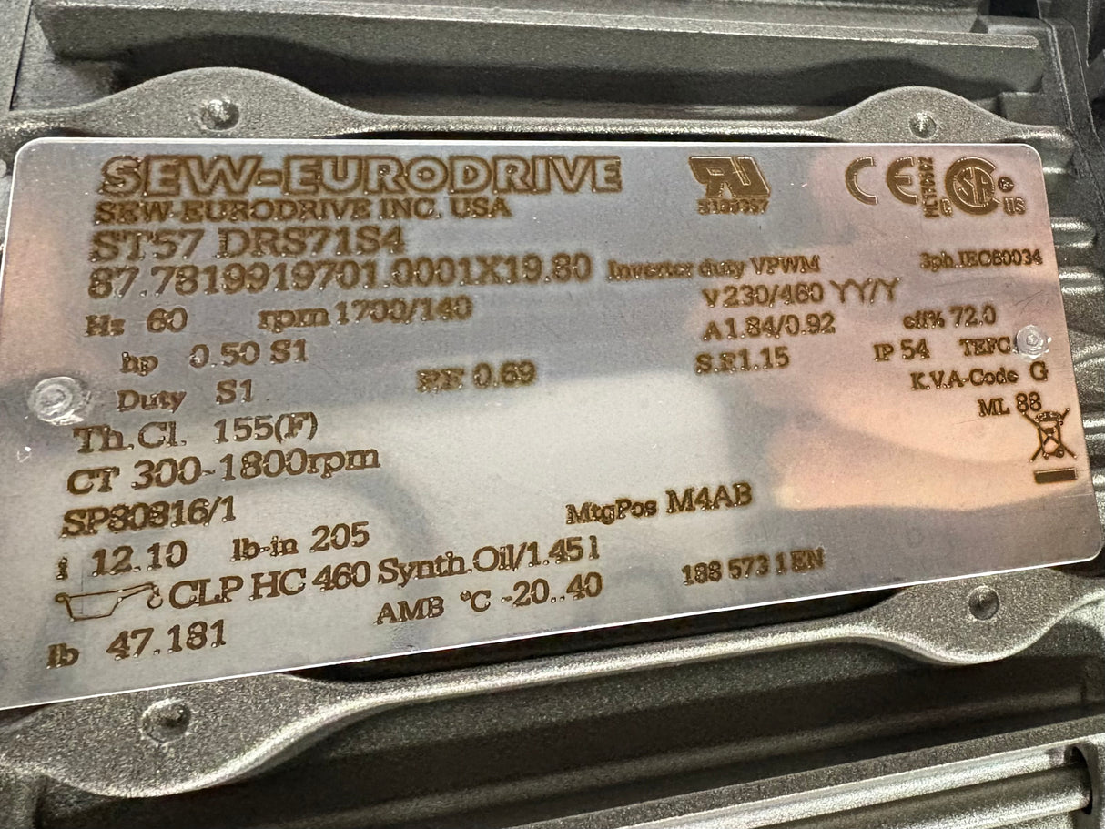 Sew - Eurodrive - 0.5 HP Electric Motor - ST57 DRS71S4 - New - Big Liquidators