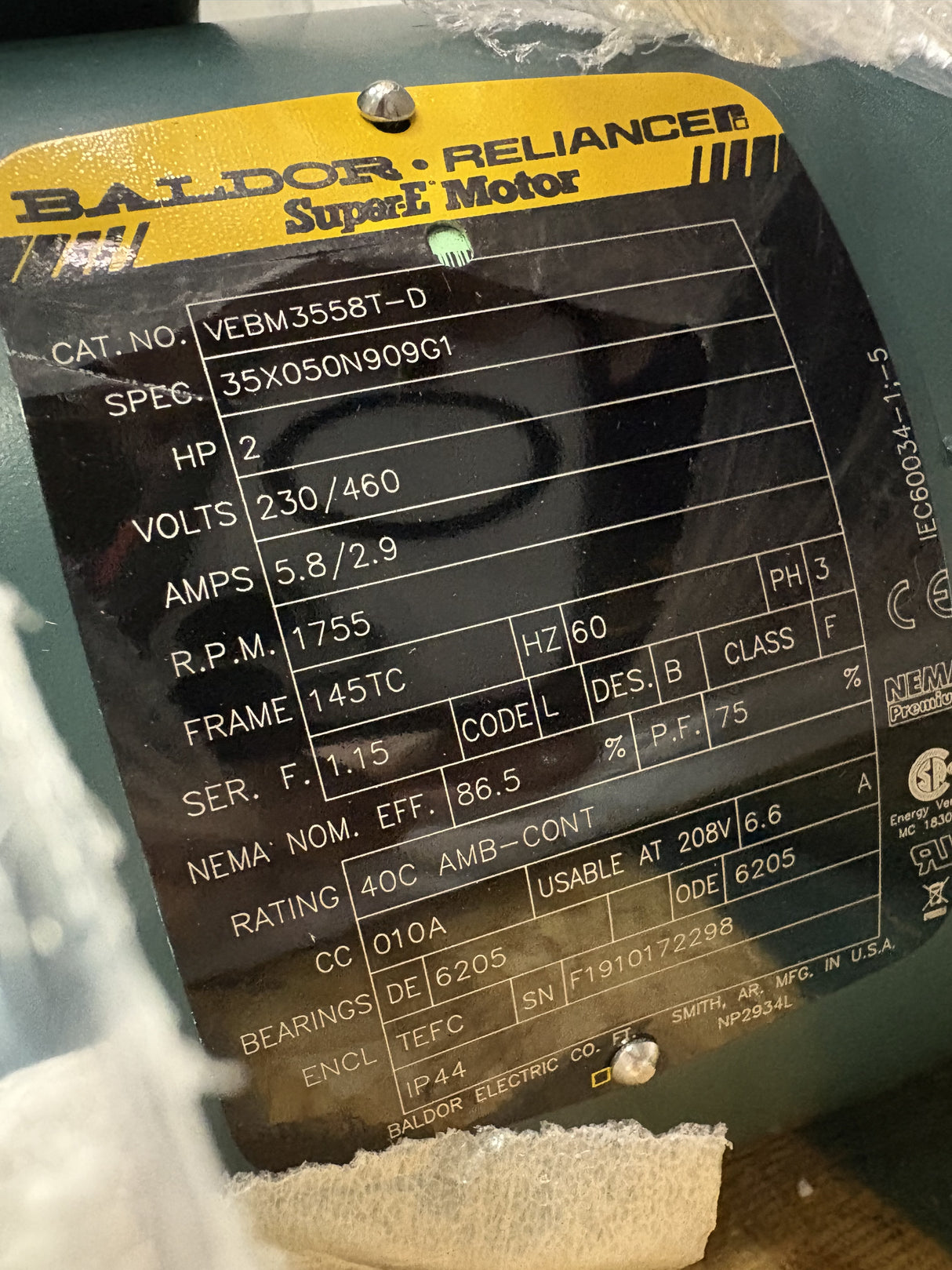 Baldor Reliance - 2 HP Electric Motor - VEBM3558T - D - New - Big Liquidators