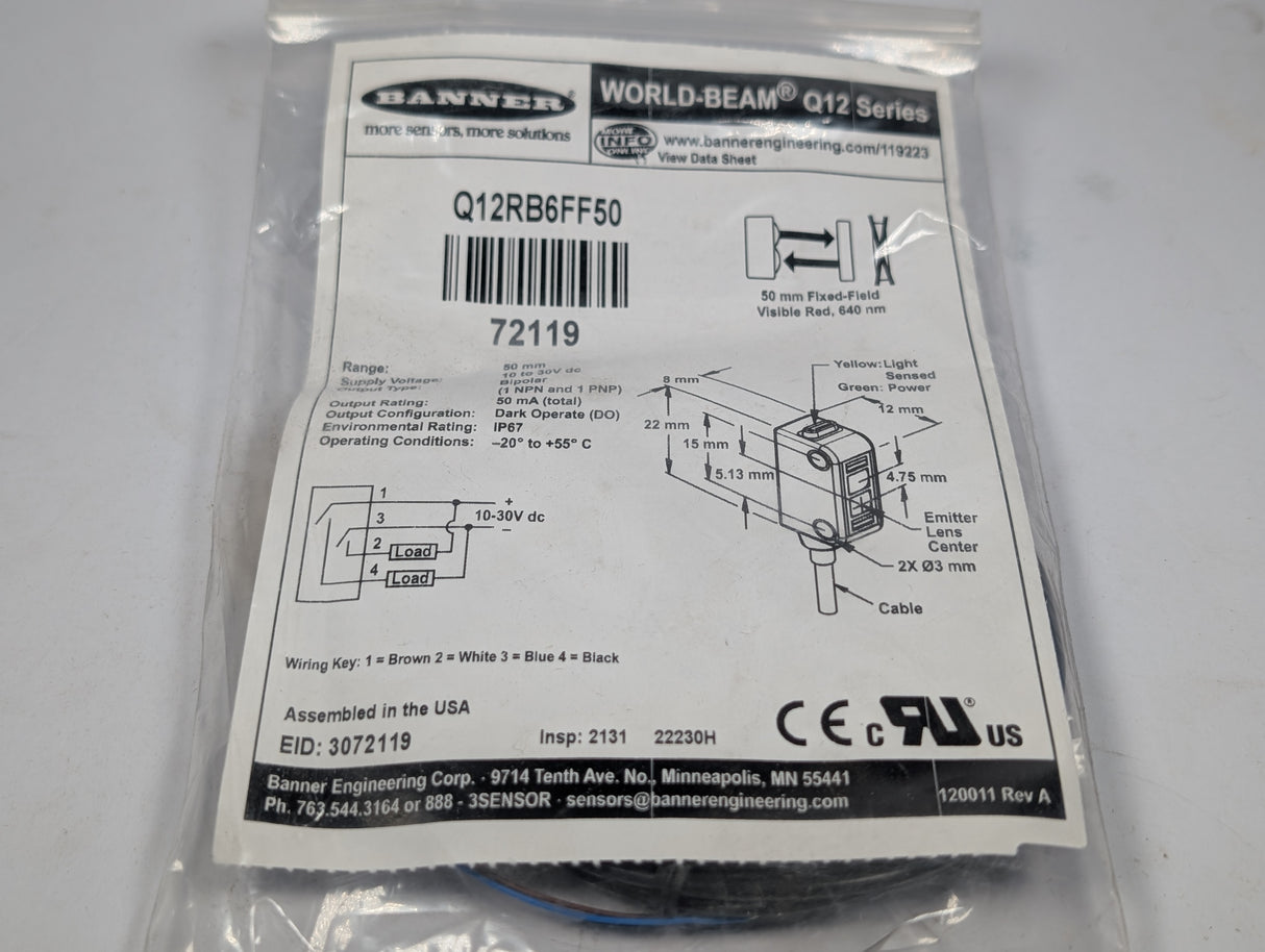 Banner - Q12 Series Miniature Self - Contained Sensor - Q12RB6FF50 - New - Big Liquidators
