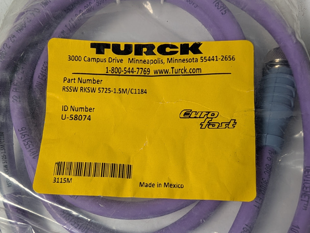 TURCK - 1.5 Meter Extension Cordset - RSSW RKSW 5725 - 1.5M/C1184 - New - Big Liquidators