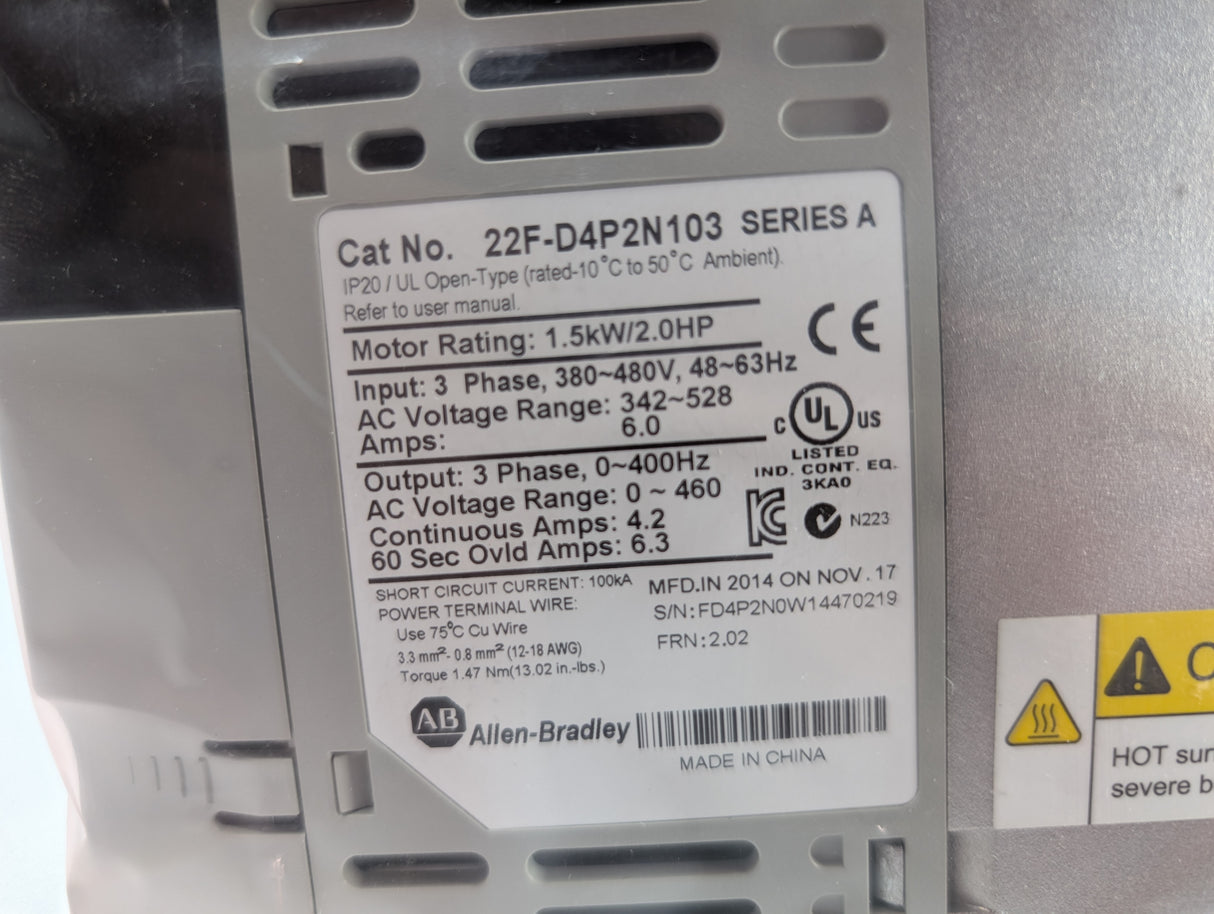 Allen Bradley - PowerFlex 4M Variable Frequency Drive - 22F - D4P2N103 - New - Big Liquidators