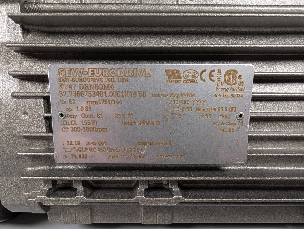 Sew - Eurodrive - 1 HP Helical Bevel Gearmotor - KT47 DRN90M4 - New - Big Liquidators