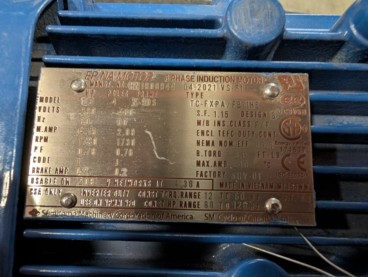 Sumitoma - 1.5 HP Induction Motor - TC - FXPA/FB - 1HE - New - Big Liquidators