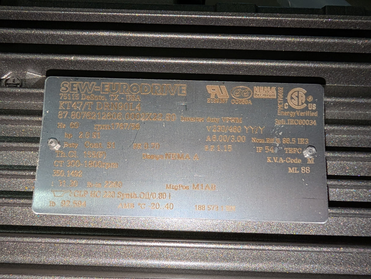 Sew - Eurodrive - 2 HP Gearmotor - KT47/T DRN90L4 - New - Big Liquidators