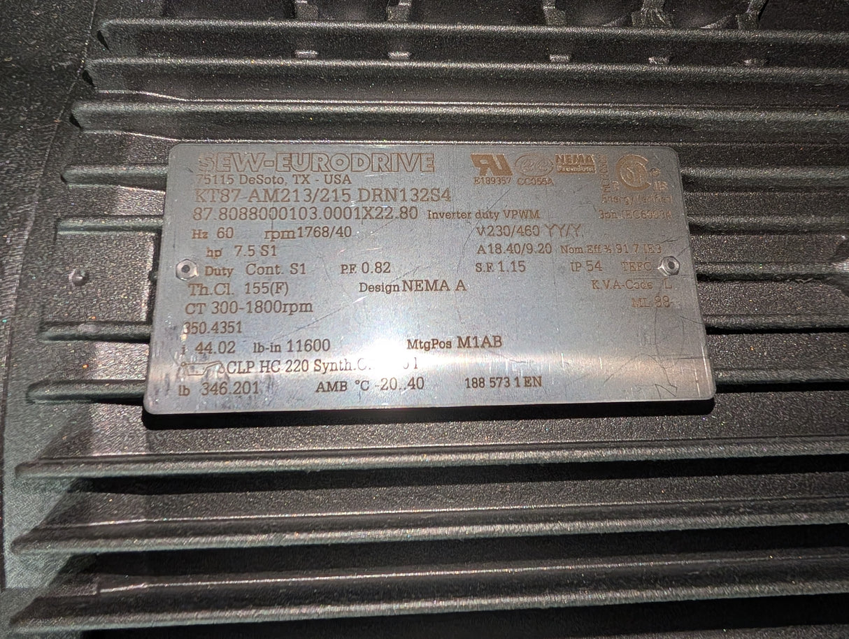 Sew - Eurodrive - 7.5 HP Helical Bevel Gearmotor - KT87 AM213/215 DRN132S4 - New - Big Liquidators