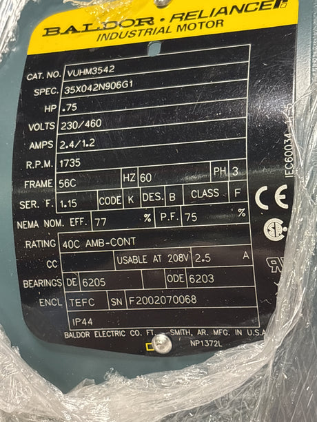 Baldor Reliance - .75 HP Electric Motor - VUHM3542 - New - Big Liquidators