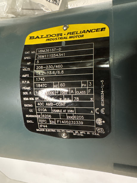 Baldor Reliance - 5 HP Electric Motor - VBM3615T - D - Used - Big Liquidators