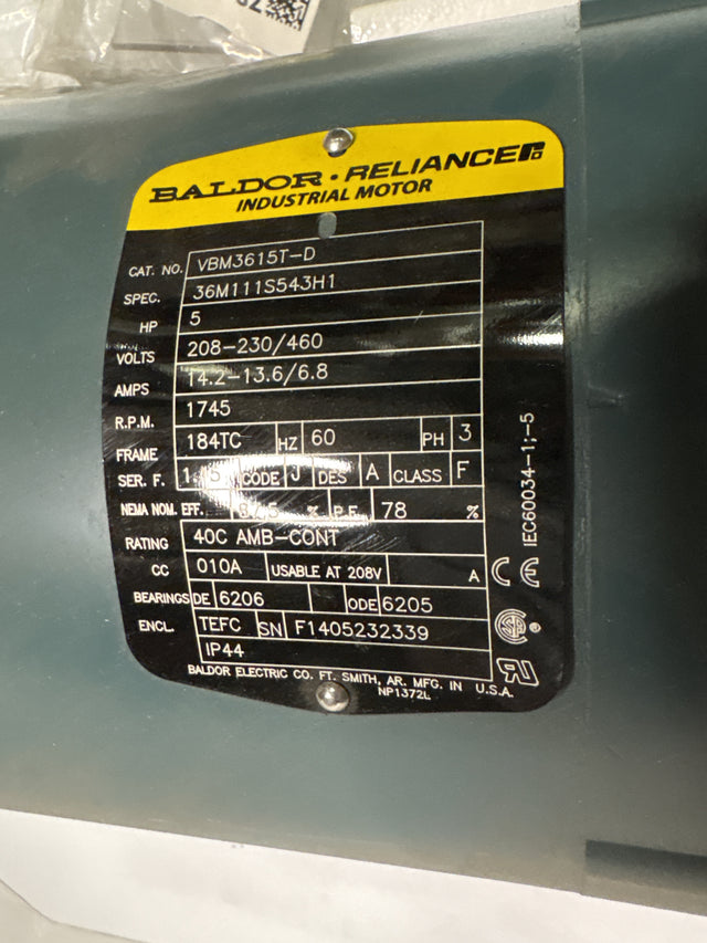 Baldor Reliance - 5 HP Electric Motor - VBM3615T - D - Used - Big Liquidators