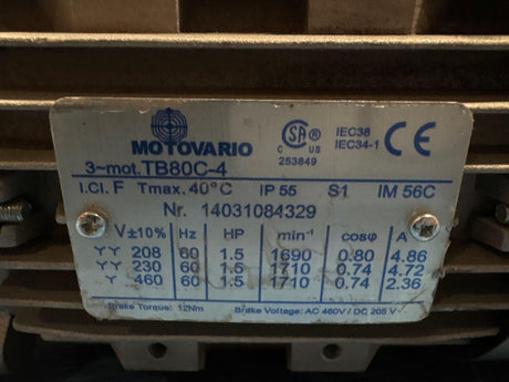 Motovario - 1.5 HP Electric Motor - TB80C - 4 - Used - Big Liquidators