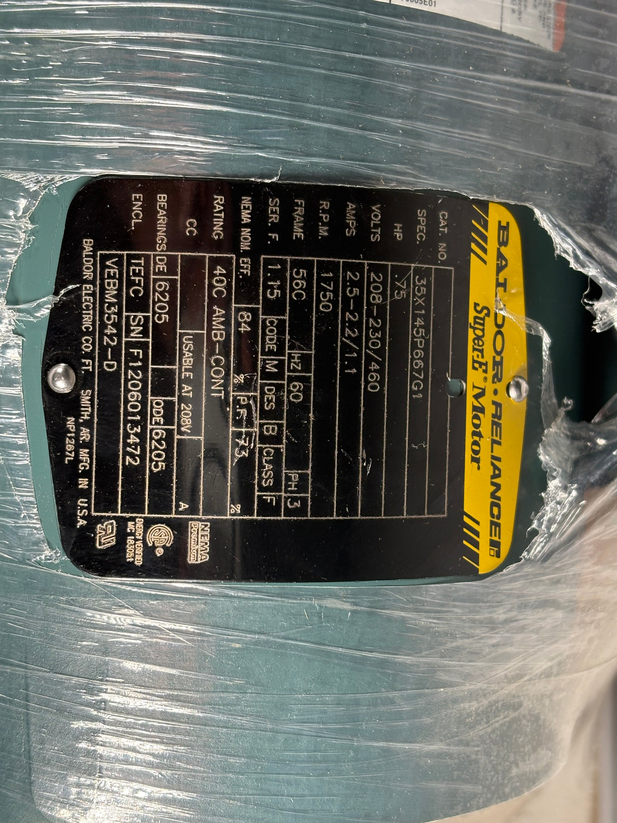 Baldor Reliance - 0.75 HP Electric Motor - 35X145P667G1 - New - Big Liquidators