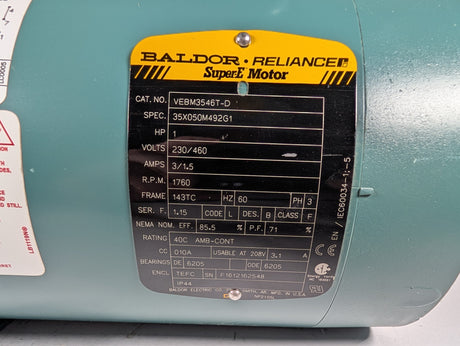 Baldor Reliance - 1 HP Electric Motor with D - Series Motor Break - VEBM3546T - D - Used - Big Liquidators