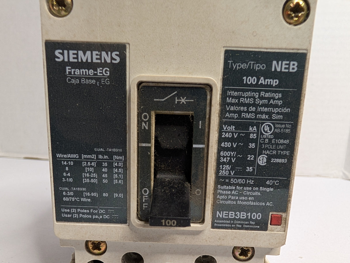 Siemens - 3 Pole 100 AMP Molded Case Circuit Breaker - NEB3B100 - Used - Big Liquidators