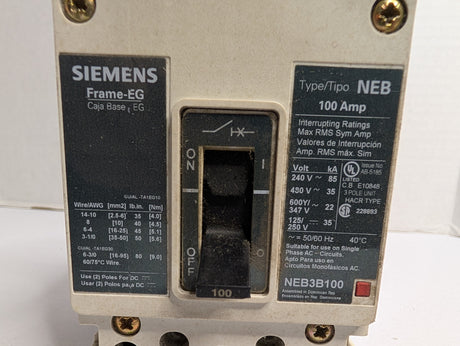 Siemens - 3 Pole 100 AMP Molded Case Circuit Breaker - NEB3B100 - Used - Big Liquidators