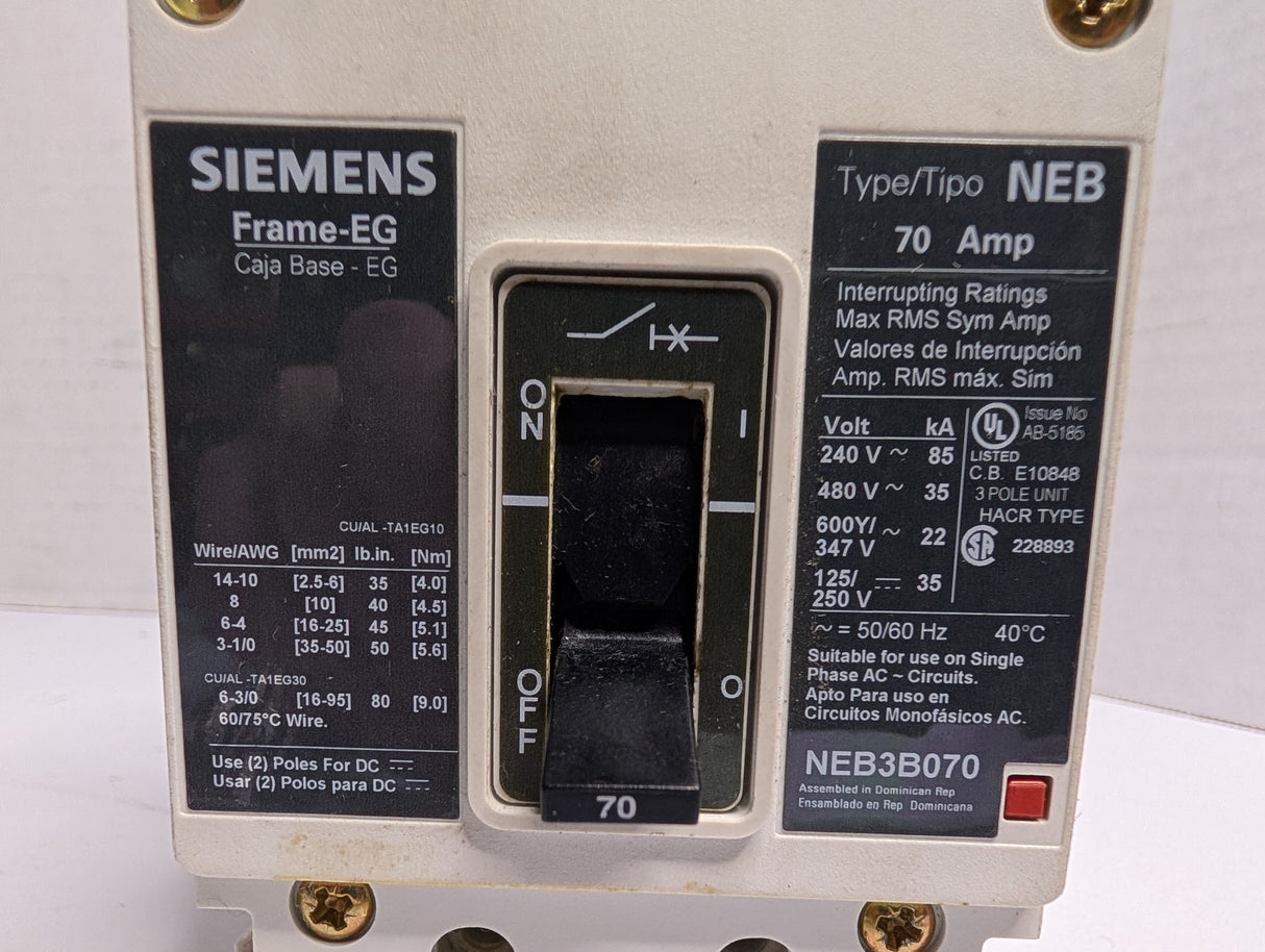 Siemens - 70 AMP Molded Circuit Breaker - NEB3B070 - Used - Big Liquidators