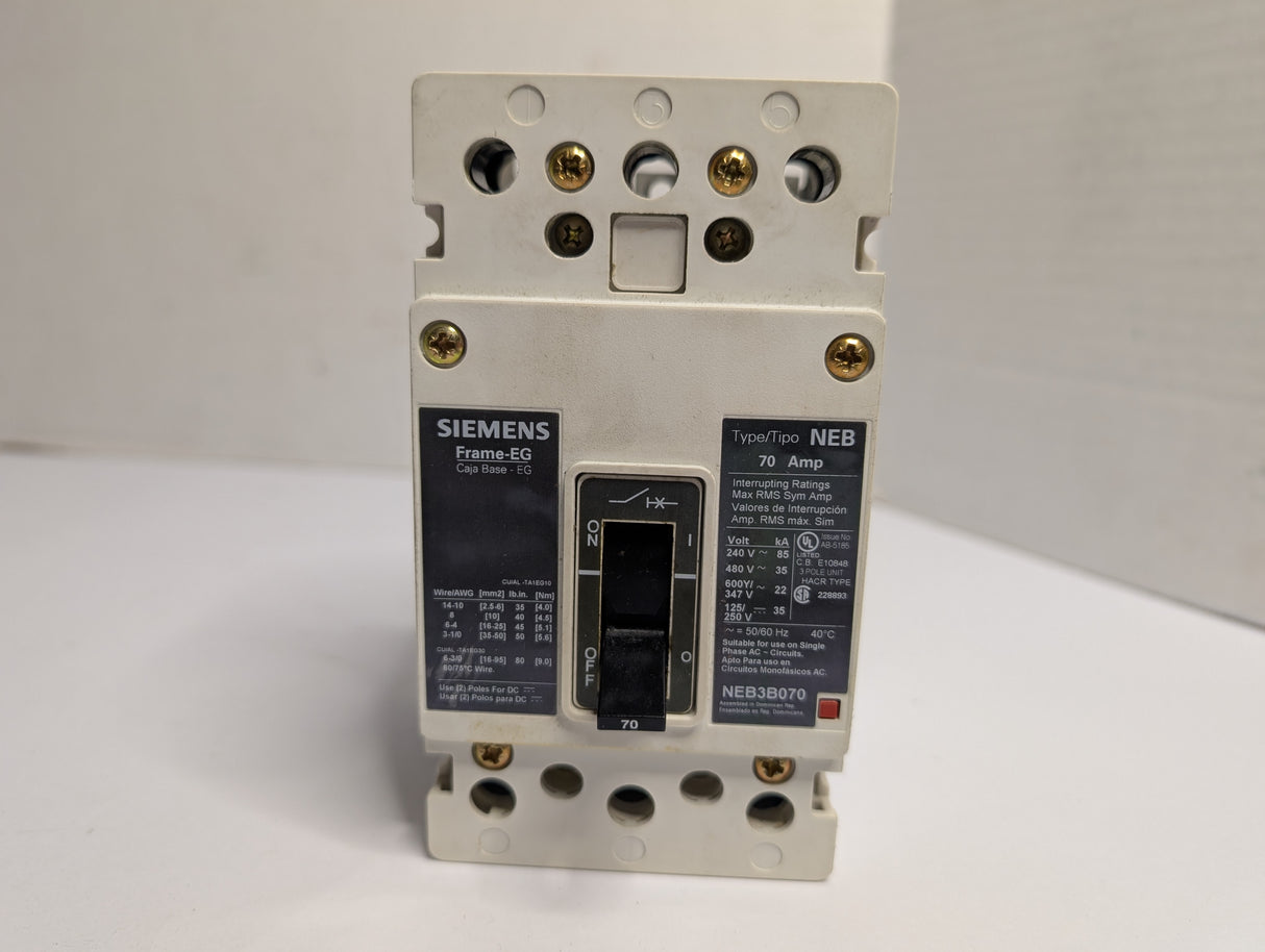 Siemens - 70 AMP Molded Circuit Breaker - NEB3B070 - Used - Big Liquidators