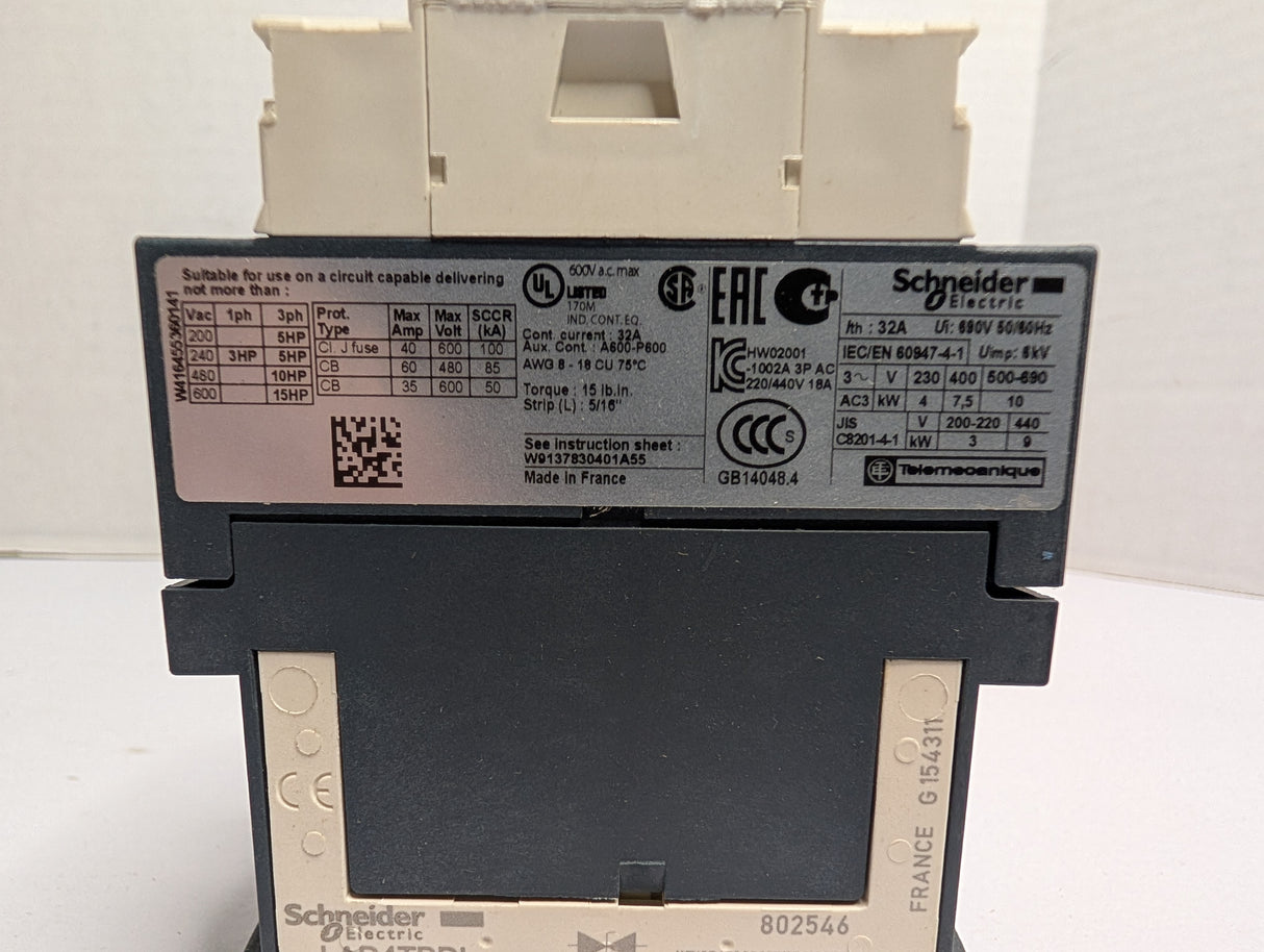 Schneider Electric - IEC Contactor 10HP at 480VAC - LC1D18BL - New - Big Liquidators
