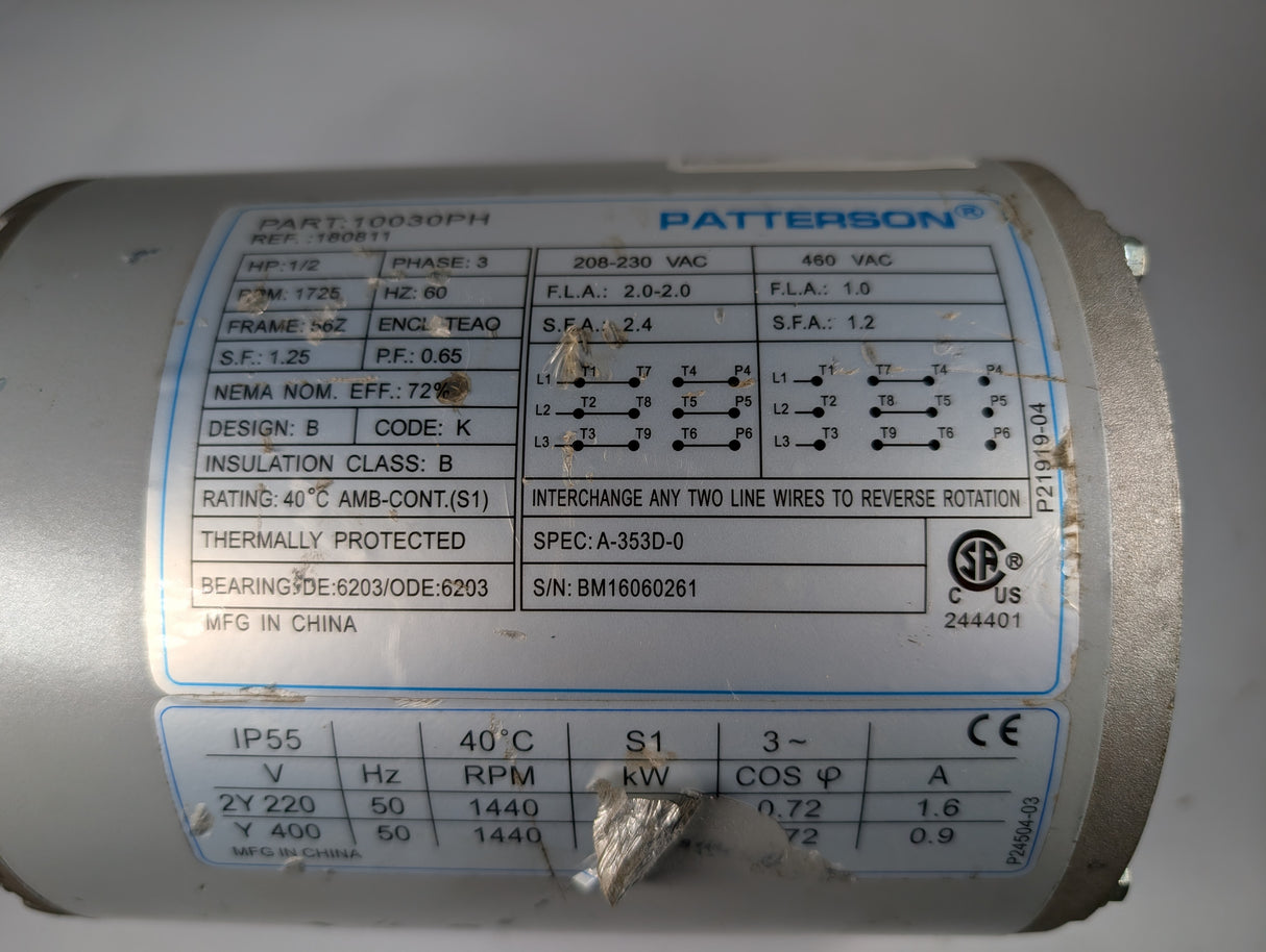 Patterson Fan - 0.5 HP Electric Motor - 10030PH - Used - Big Liquidators