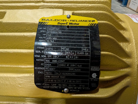 Baldor Reliance - 7.5 HP Electric Motor - VEM3770T - Used - Big Liquidators