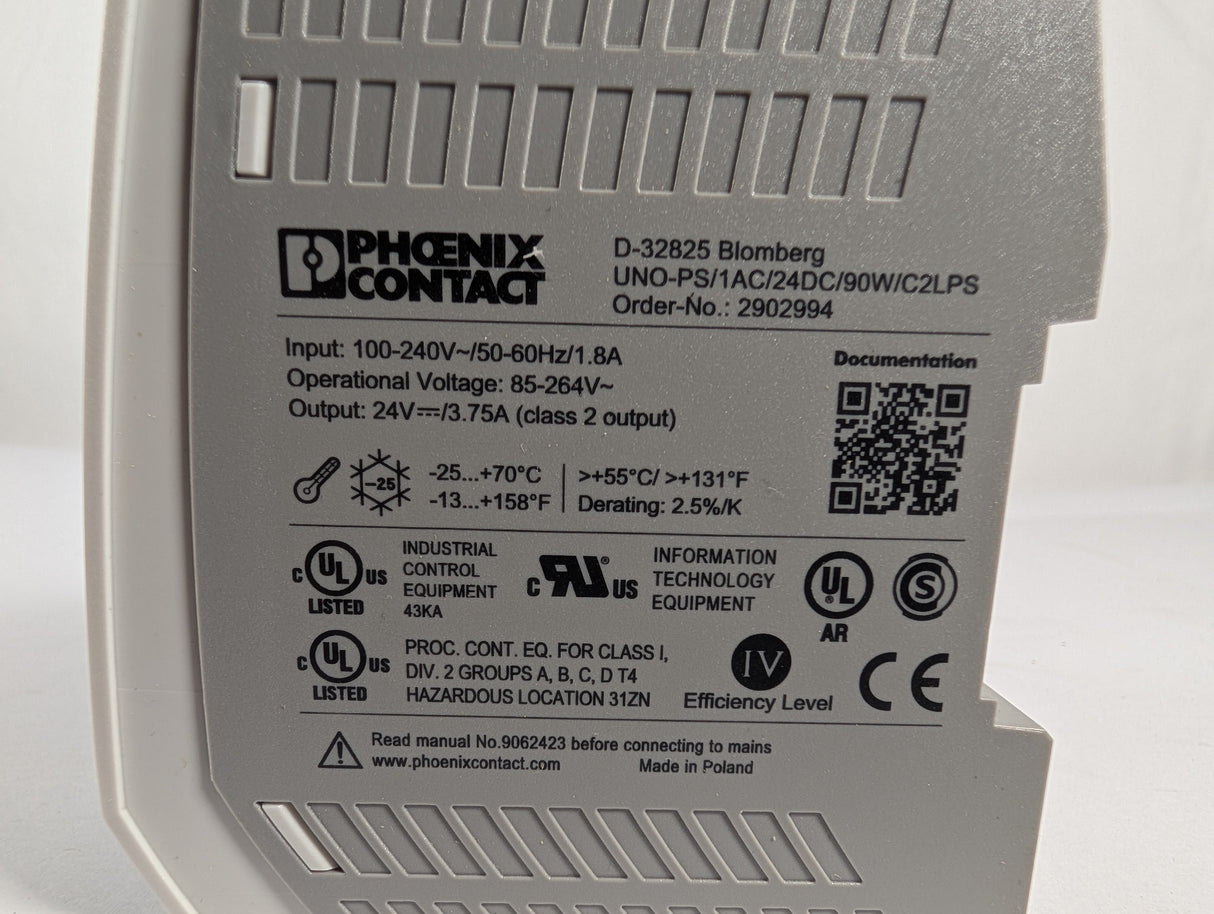 phoenix contact - 90W DIN Mounted Power Supply UNO - PS/1AC/24DC/90W/C2LPS - New - Big Liquidators
