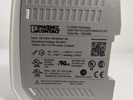 phoenix contact - 90W DIN Mounted Power Supply UNO - PS/1AC/24DC/90W/C2LPS - New - Big Liquidators
