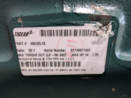 Dodge Tigear - Electric Motor 20:1 Gear Reducer - 40A20L18 - Used - Big Liquidators