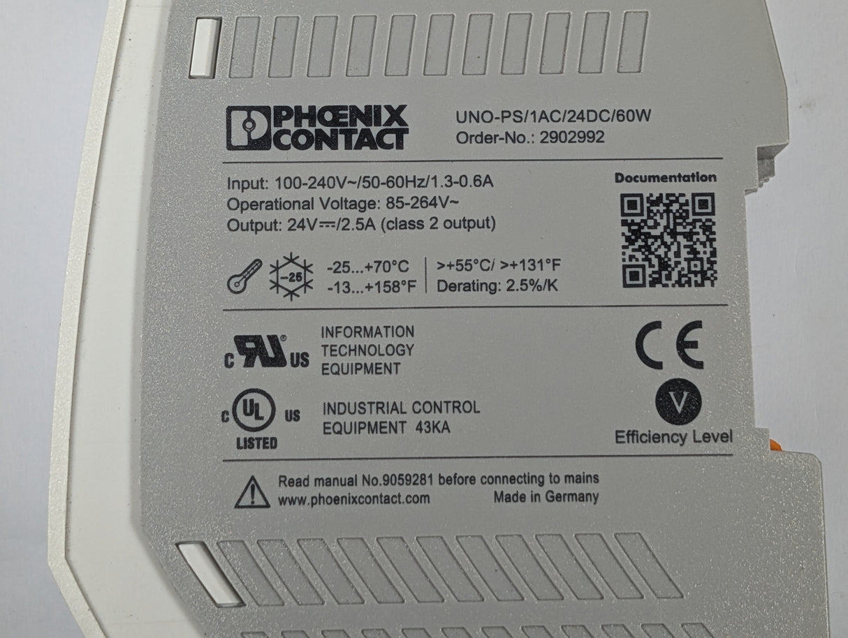 Phoenix Contact - 60 Watt DIN Rail Power Supply - UNO - PS/1AC/24DC/60W - Used - Big Liquidators
