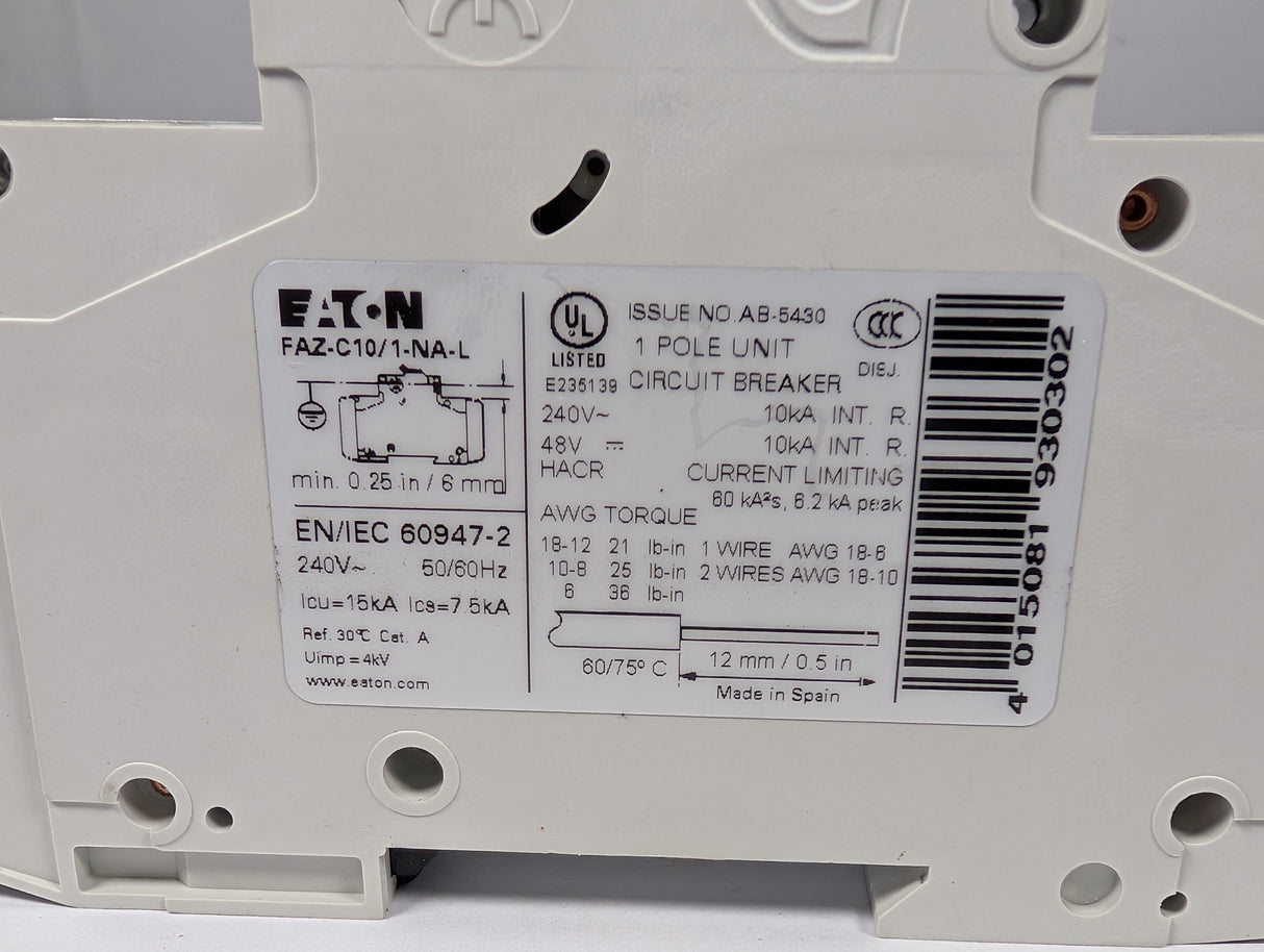 Eaton - 10 Amp Miniature Industrial Circuit Breaker - FAZ - C10/1 - NA - L - Used - Big Liquidators