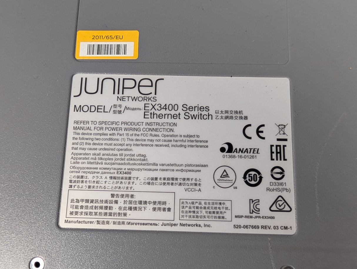 Juniper Networks - 48 Port Ethernet Switch - EX3400 - 48P - Used - Big Liquidators