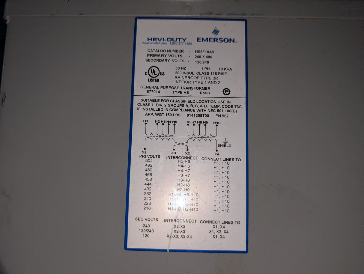 Emdrson - 10 kVA Heavy Duty Automation Transformer - HS5F10AS - Used - Big Liquidators